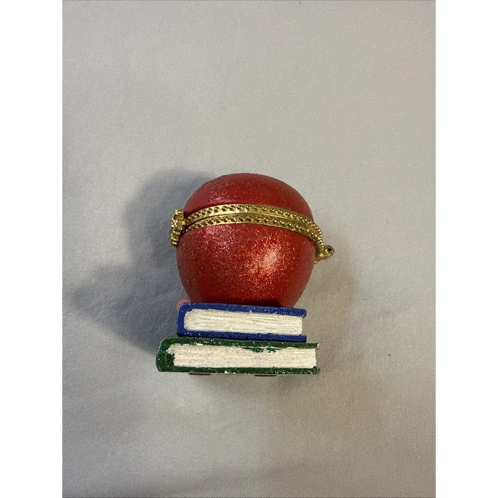 Vintage Porcelain Hinged Apple on Books Trinket Box Teacher Gift Gold Trim